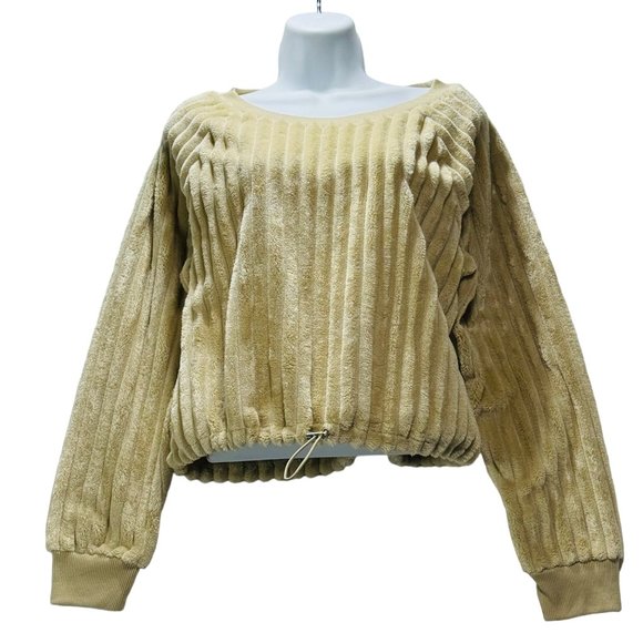 Derek Heart Juniors Beige Velvet Cropped Pull Over Ribbed Top Cinched Waist - Picture 1 of 7